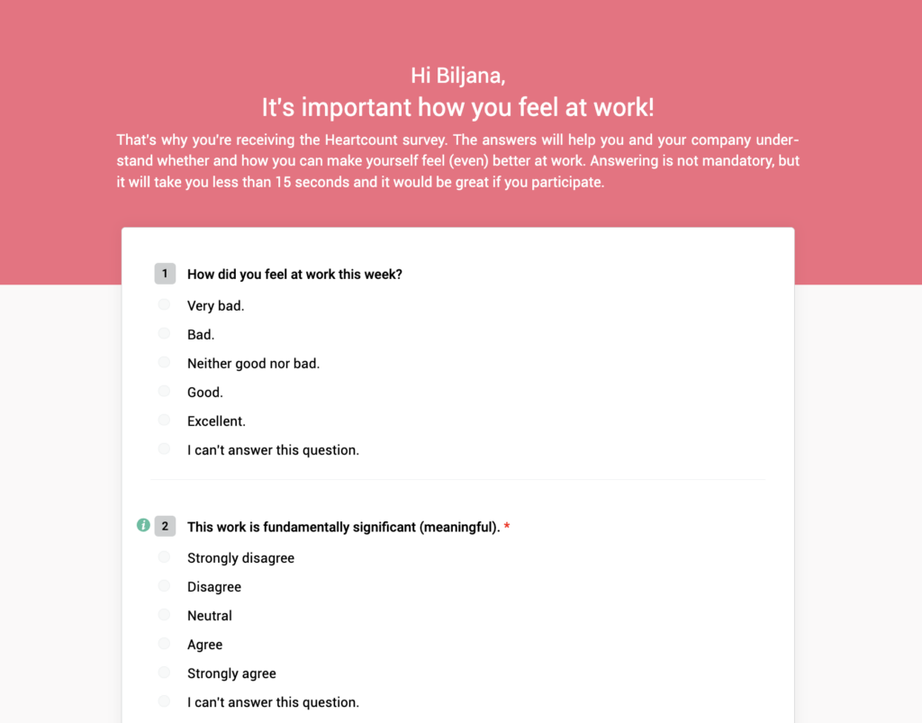 Screenshot of HeartCount employee pulse survey