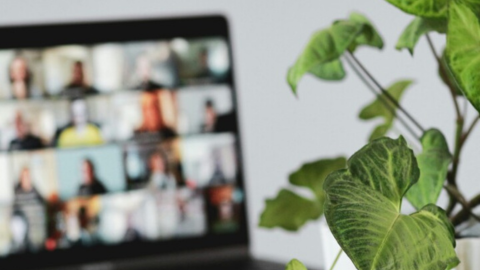 Virtual conference on how to improve business performance, the screen displays a grid with each person in a separate window