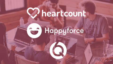 Illustration features people working in background, with the HeartCount logo, one of the employee engagement tools, displayed prominently