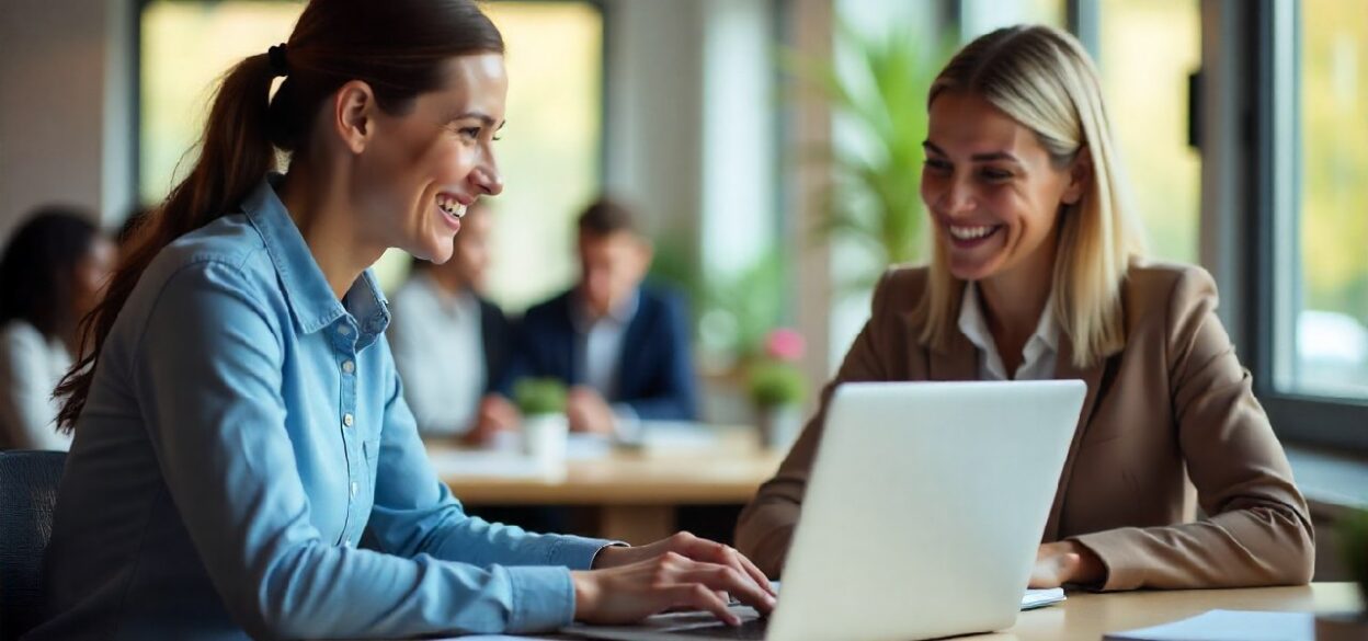 Manager and new hire reviewing an onboarding survey on a laptop in a modern office.
