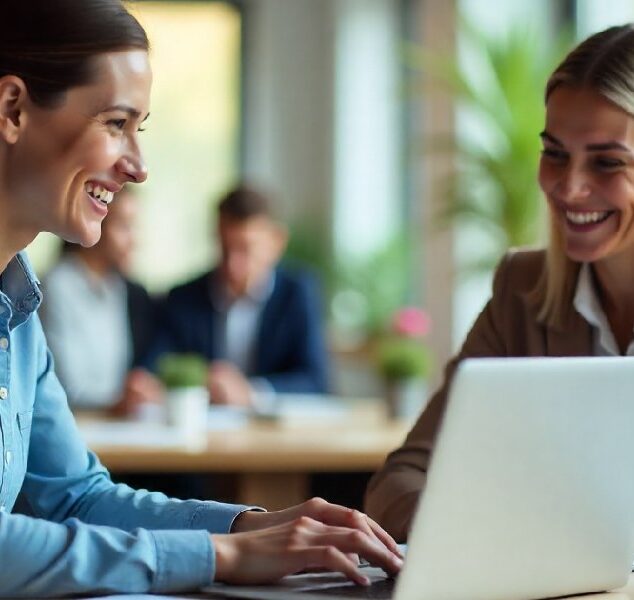 Manager and new hire reviewing an onboarding survey on a laptop in a modern office.