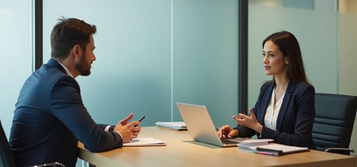 Photorealistic HR manager and employee during an exit interview in a modern office, representing feedback, retention strategy, and offboarding best practices.