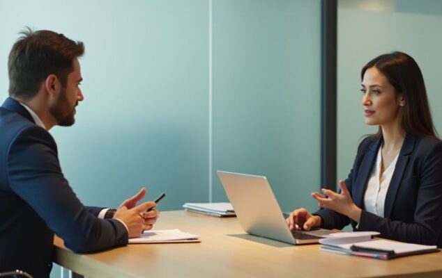 Photorealistic HR manager and employee during an exit interview in a modern office, representing feedback, retention strategy, and offboarding best practices.