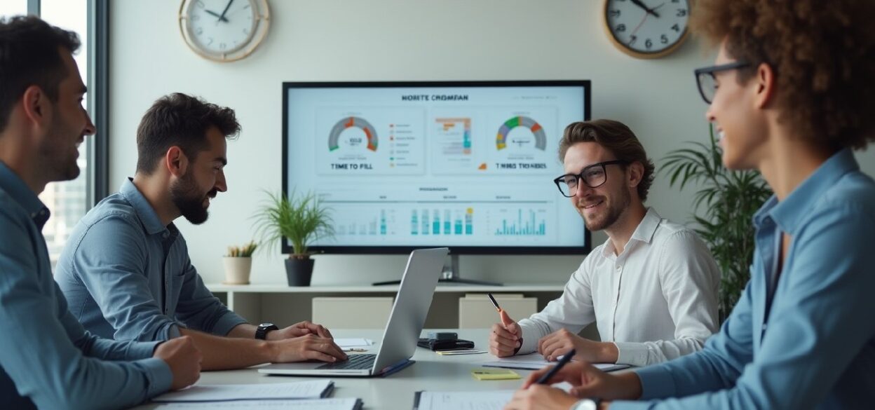 HR team reviewing a recruiting dashboard comparing Time to Fill and Time to Hire metrics during a modern office meeting