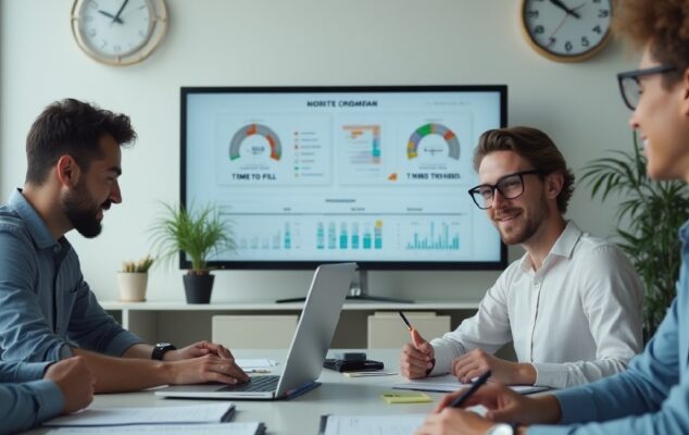 HR team reviewing a recruiting dashboard comparing Time to Fill and Time to Hire metrics during a modern office meeting