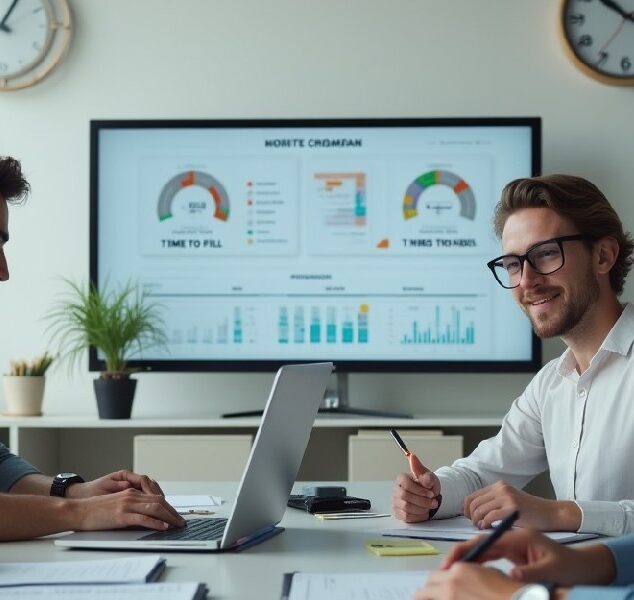 HR team reviewing a recruiting dashboard comparing Time to Fill and Time to Hire metrics during a modern office meeting