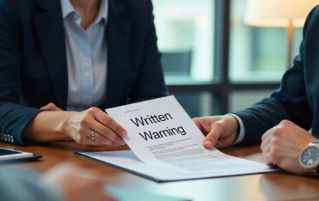 HR manager respectfully delivering a written warning to an employee during a private meeting