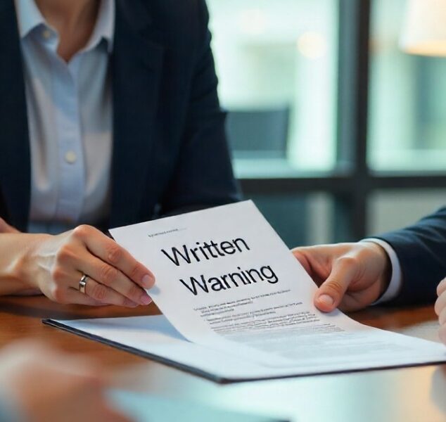 HR manager respectfully delivering a written warning to an employee during a private meeting