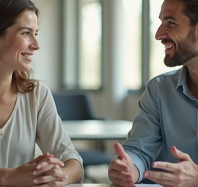 Manager and employee discussing performance review questions