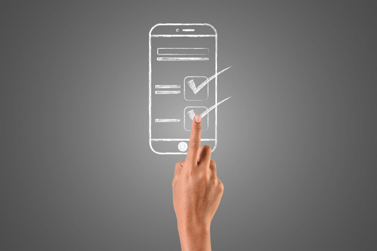 Illustration of a hand selecting options on a smartphone screen, representing heartcount vs workleap platform comparison.
