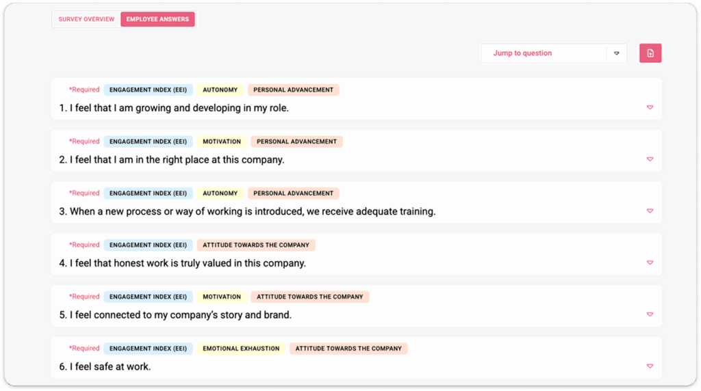 Custom engagement survey report with employee answers in HeartCount