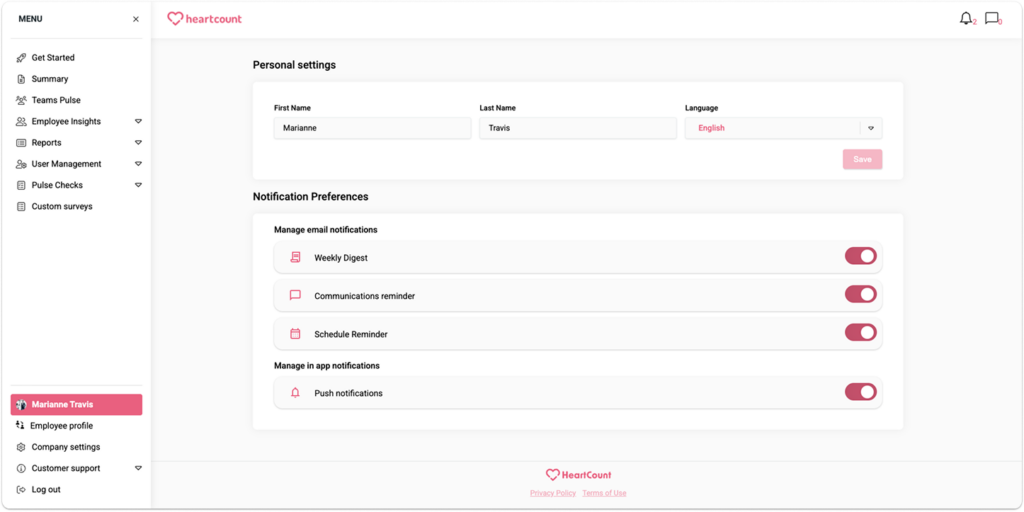 Personal settings page for Managers - HeartCount app