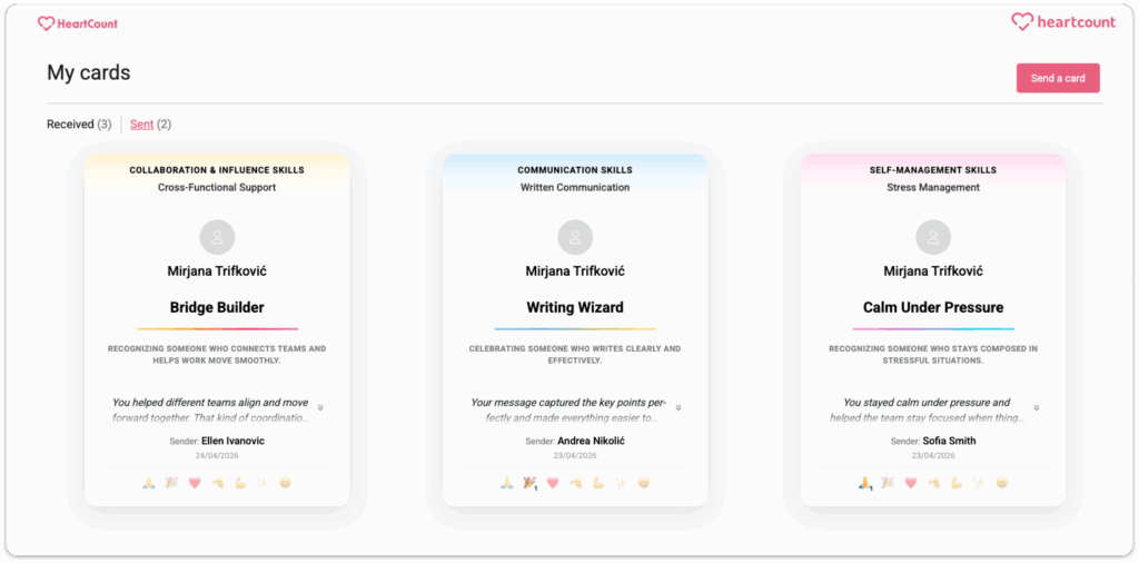 Employee view in HeartCount - Received & Sent Kudos Cards