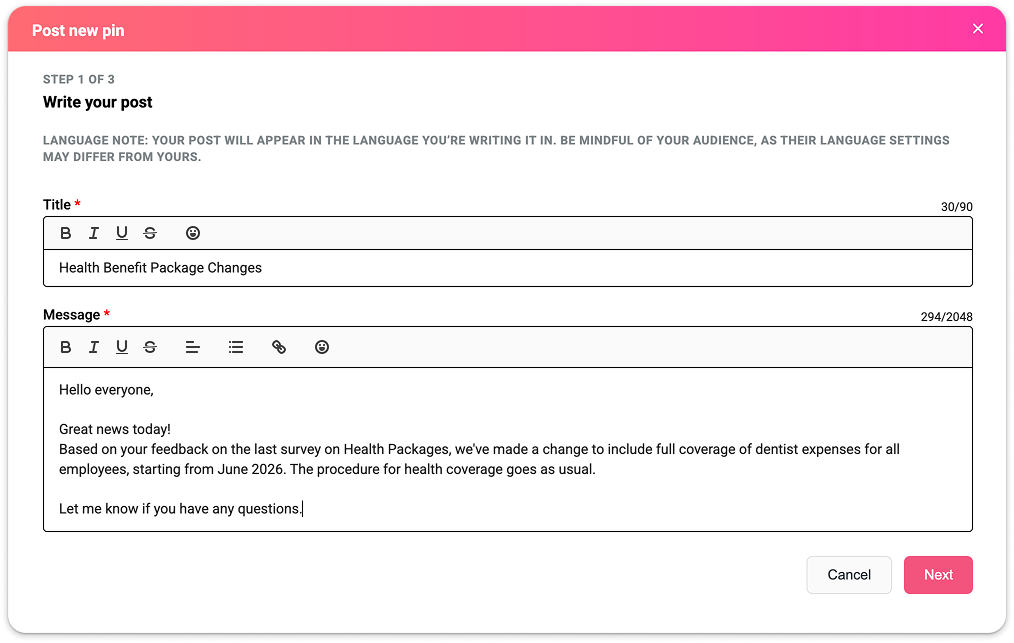 Modal for posting a new pin