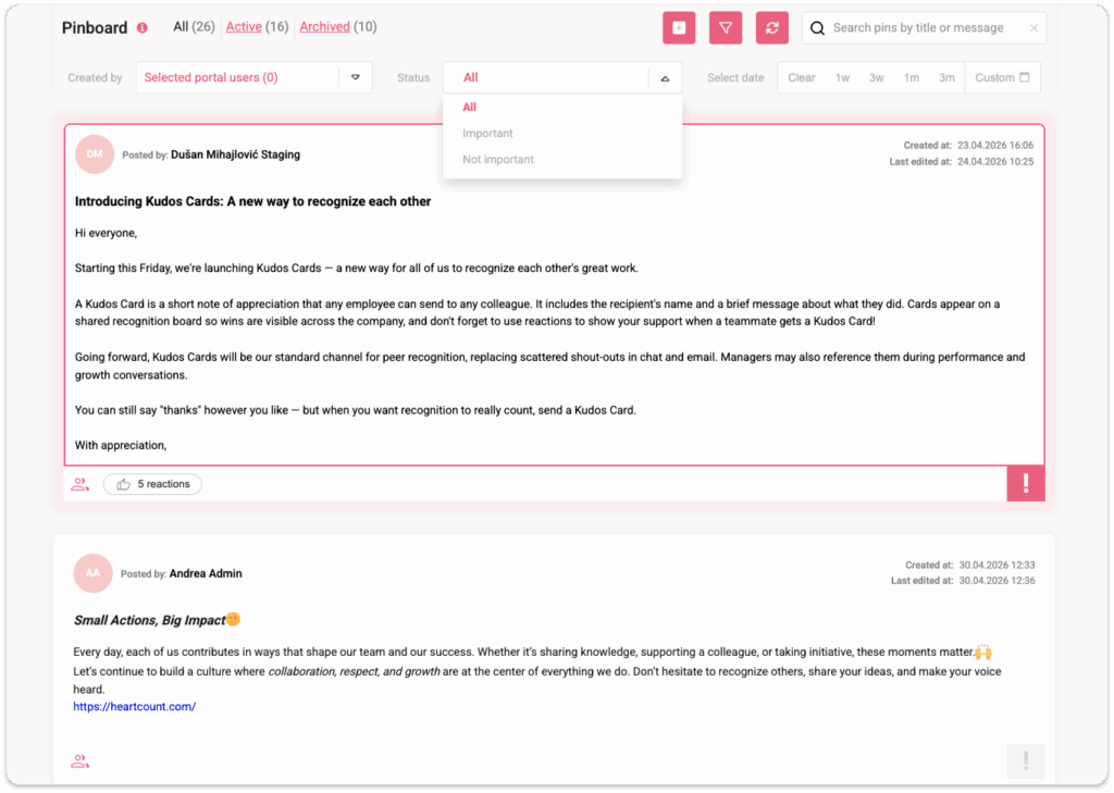 Pinboard feature in HeartCount