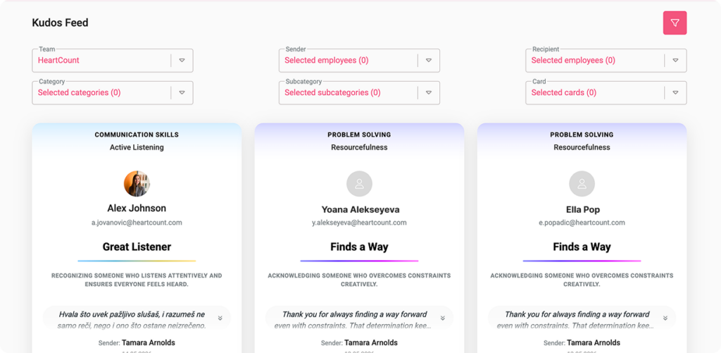 Kudos Cards Feed with filters