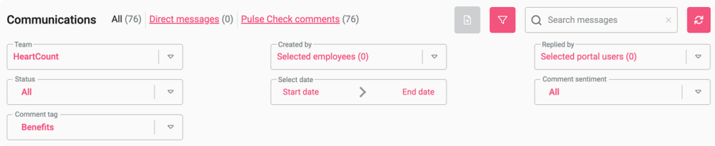 Additional filters in Communications module providing in-depth analysis of comments given in pulse checks