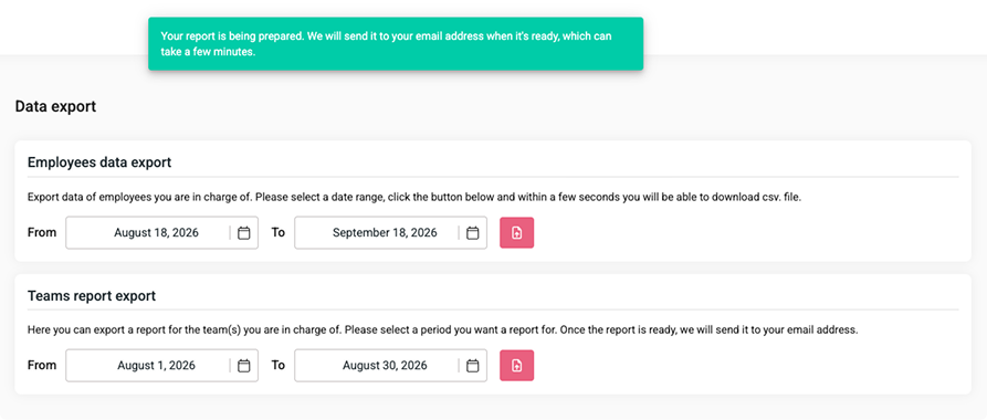 Team reports export in Data export page
